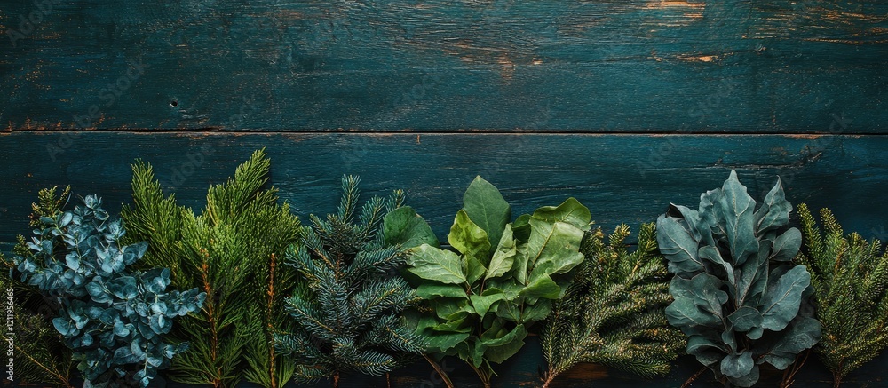Poster assorted winter greens displayed on rustic wooden table in rich green tones with space for text and 