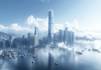 Obraz premium Aerial View of a Misty City Skyline with Modern Skyscrapers and Calm Waters, Showcasing Urban Life and Architectural Beauty in a Serene Atmosphere