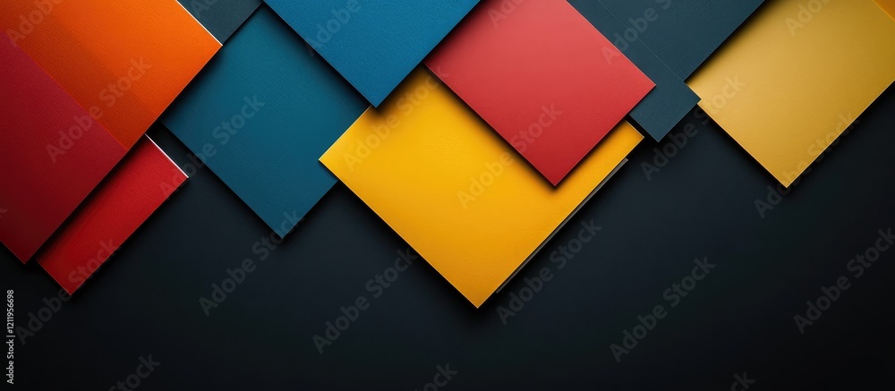 Poster colorful geometric stationery arrangement on a dark textured background with vibrant orange yellow r