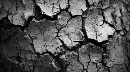 Close-up of an aged tree trunk showcasing intricate details of cracked, textured bark in monochrome tones.