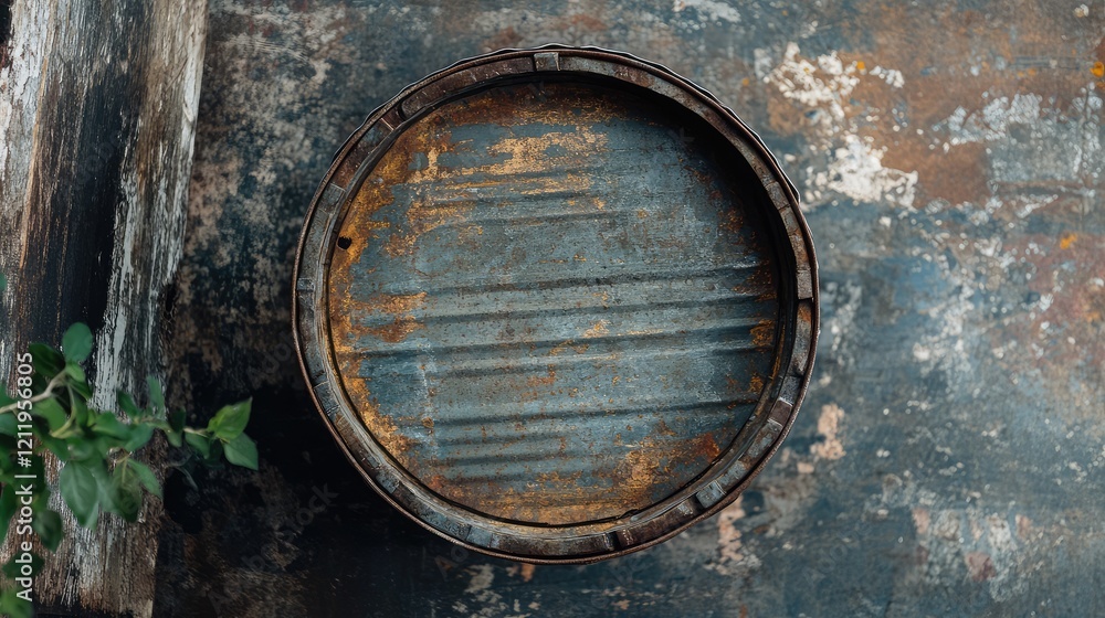 Aufkleber rustic top view of a weathered tin barrel featuring aged metal bands against a textured background w