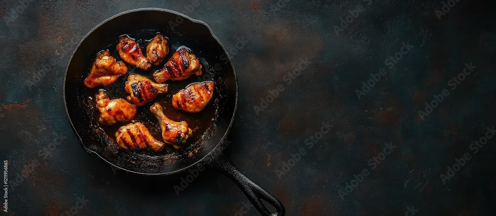 Poster Grilled chicken pieces arranged in a black cast iron pan with honey mustard barbecue sauce on a textured dark surface with ample empty space for text
