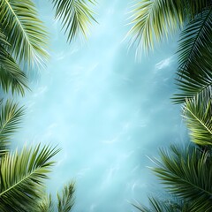 Naklejka premium lightblue water background and green palmtree leaves on the sides