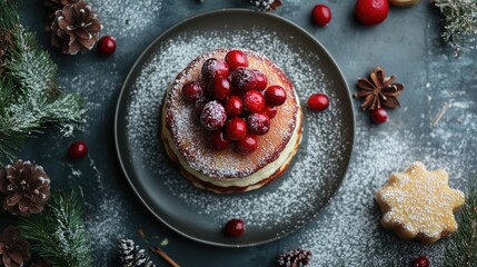 Festive Pancake Stack Topped with Cranberries Surrounded by Winter Decor on a Dark Background