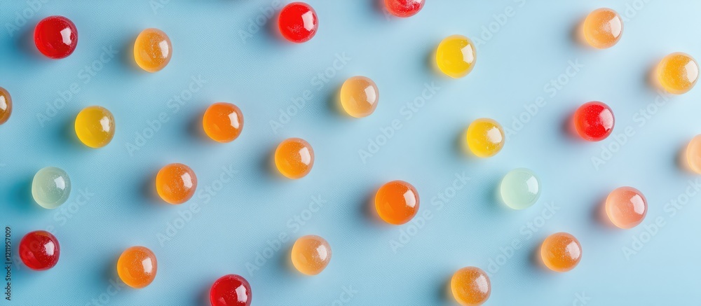 Aufkleber Vibrant Array of Colorful Lollipops and Gel Candies on Soft Blue Background with Negative Space for Creative Text Placement