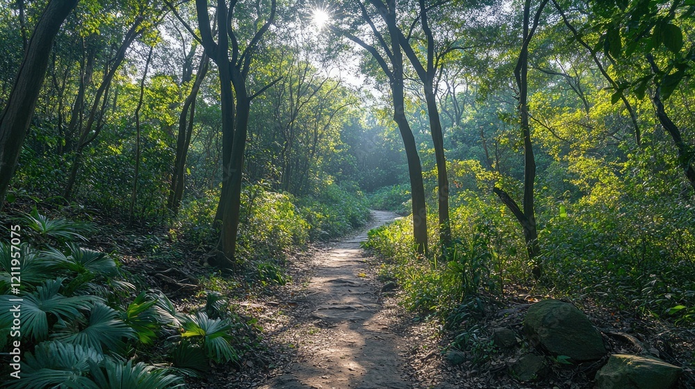 Aufkleber scenic pathway through lush greenery in canyon nature park showcasing diverse flora and fauna in a t