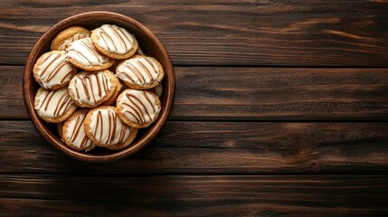 Obraz premium Delicious iced cookies in a wooden bowl on rustic table background perfect for dessert or bakery themed promotions