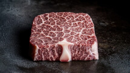 A piece of raw meat sits on a table, waiting for use or consumption