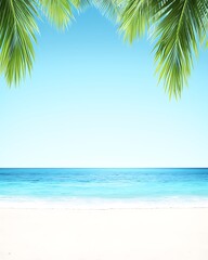 Tropical beach scene with palm leaves framing a clear blue ocean and white sand.