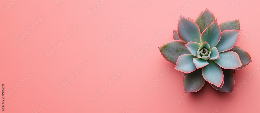 Poster top view of a vibrant green succulent positioned on a soft pink background with minimalist design el