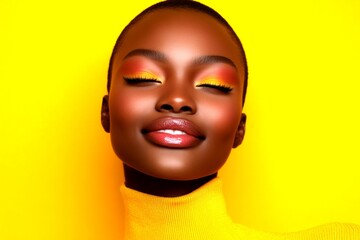 Attractive happy black girl - for ads, print ad and web marketing use. Commercial ad campaign concept graphic design idea. Short trim - highlighted hair. Commercial black woman style.