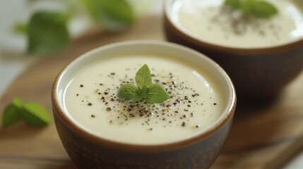 Healthy soya bean curd soup served in bowls garnished with herbs and black pepper on a wooden board representing nutritious food concept