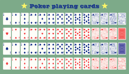 Vector Poker playing cards. Full deck. Set of Aces Kings Queehs and Jacks.  Spades Hearts Diamonds and Clubs suits.