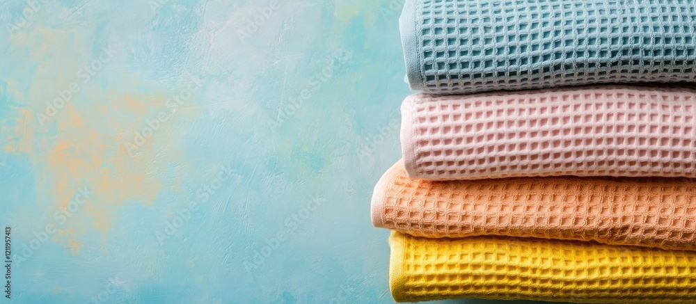 Aufkleber Colorful stack of waffle towels in pastel shades of blue pink orange and yellow on a soft textured background with empty space for text