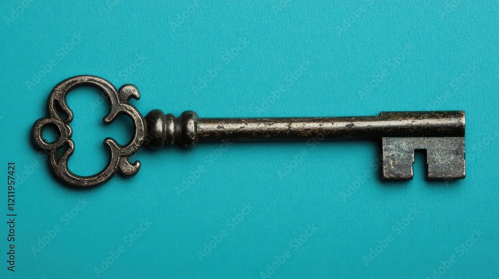 Aufkleber Single vintage key on a vibrant cyan background captured from a top view highlighting intricate details and textures in a minimalist composition.