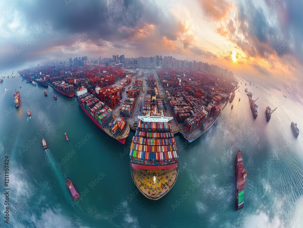 Poster aerial view of busy container port at sunset with colorful cargo ships and city skyline in backgroun