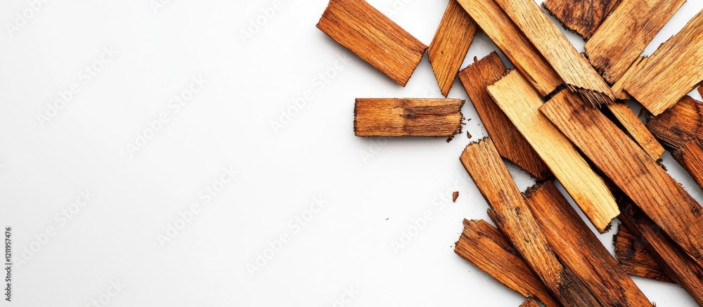 Poster Top view of broken brown wooden joints on clean white background with ample copy space for text and design elements.
