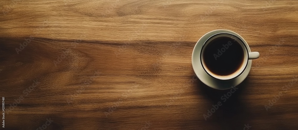 Aufkleber warm brown wooden table surface featuring a black coffee cup with white rim, inviting empty space fo
