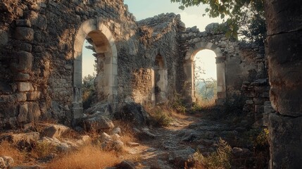 Fototapeta premium Ancient Fort Ruins Surrounded by Nature with Sunlight Filtering Through Arches and Overgrown Vegetation