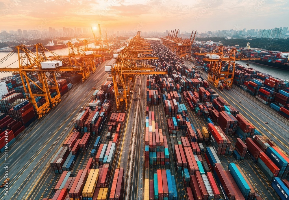 Poster aerial view of busy container port at sunset with stacks of colorful shipping containers and crane e