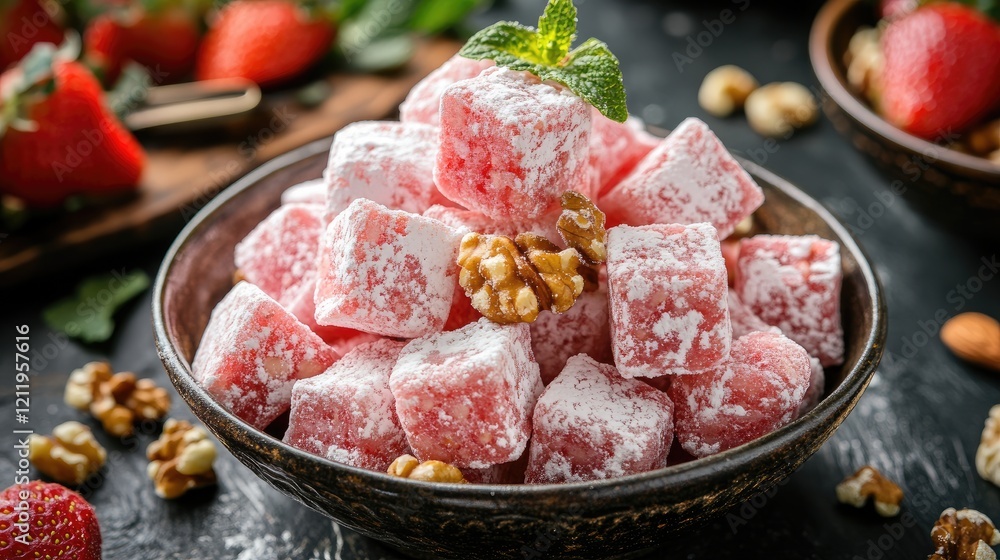 Poster turkish delight with nuts and strawberries presented in a ceramic bowl on a textured dark background