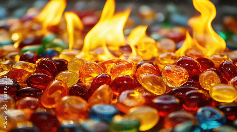 Aufkleber Vibrant Tumbled Jellybean Fire Glass with Flames Creating a Captivating Colorful Display and Warm Atmosphere in Decorative Setting