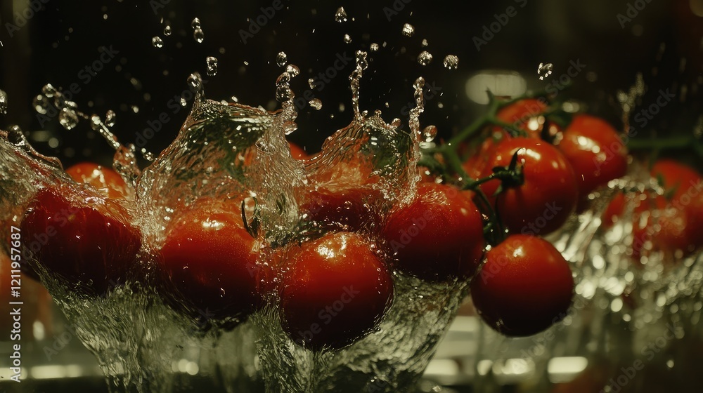 Poster fresh tomatoes creating dynamic splashes as they hit the surface of clear water showcasing vibrant c