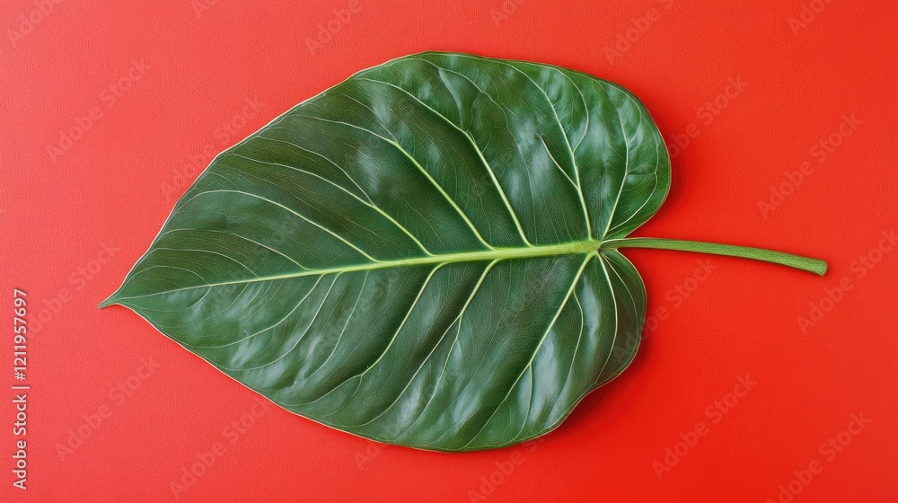 Poster tropical leaf positioned on vibrant red background showcasing minimalism and summer vibes with ample