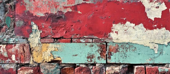 Weathered brick wall with peeling paint in vibrant colors, perfect for adding rustic charm to interior design projects.