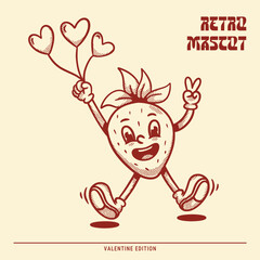 Retro mascot strawberry flying with balloon