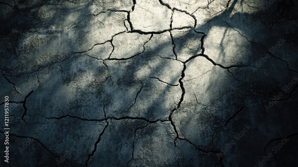 Poster cracked ground surface with shadows creating intriguing textures and patterns for background or abst