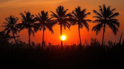 Obraz premium Silhouetted palm trees against a vibrant sunset creating a tropical and serene landscape atmosphere.