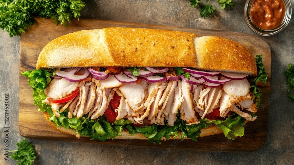 Poster homemade turkey sandwich with sliced onions and lettuce on a wooden cutting board, featuring a rusti
