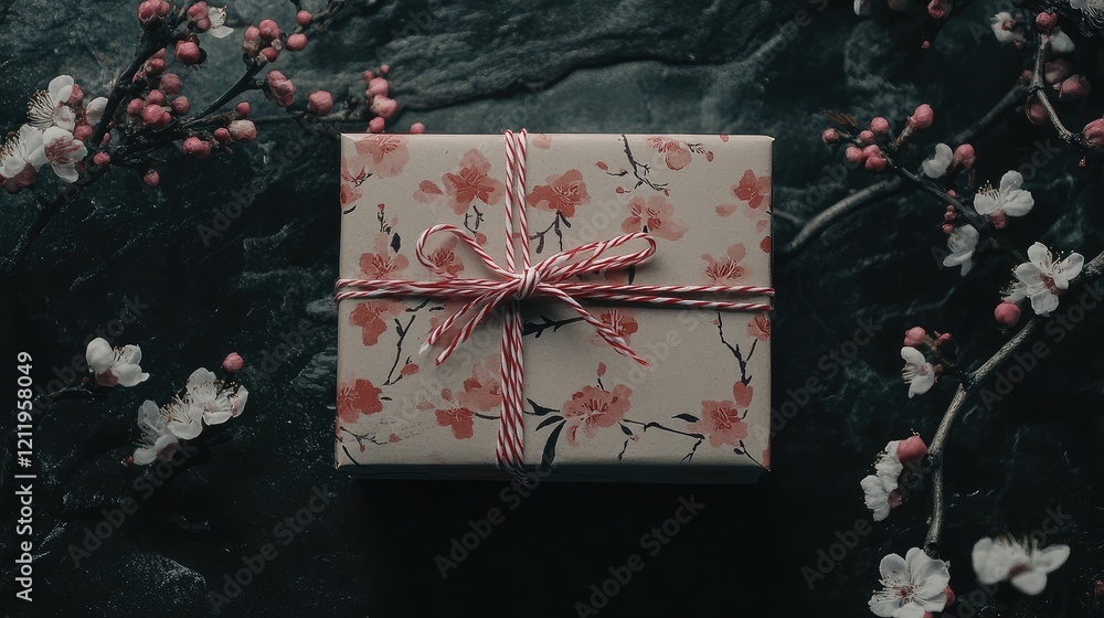 Poster aerial view of a beautifully wrapped gift box with floral design tied with red and white string on d