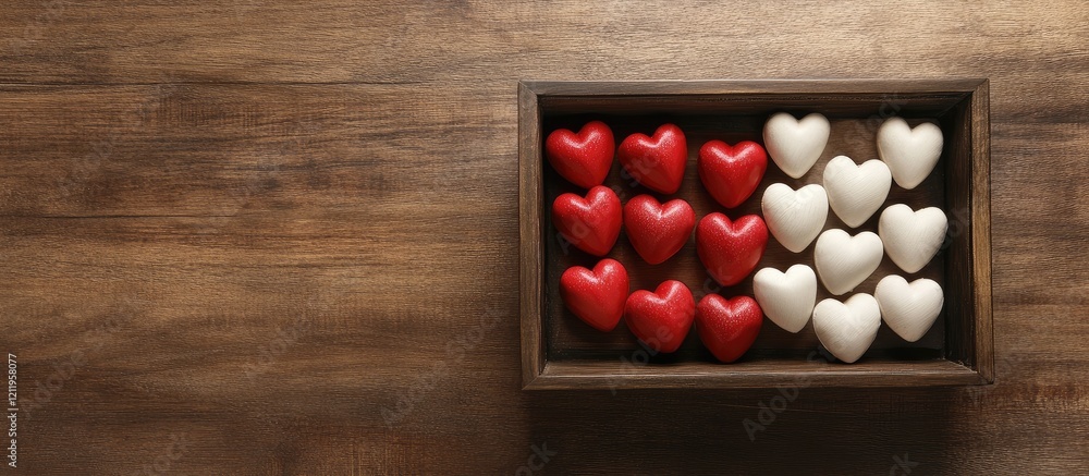 Poster beautiful arrangement of red and white decorative hearts in a wooden box on a rustic table top with 