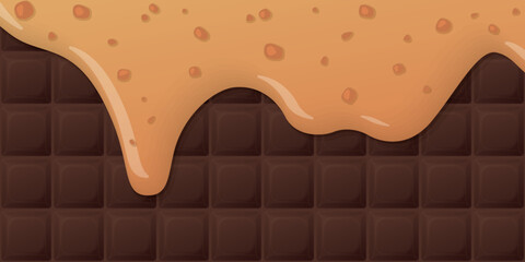 Melted salted caramel pouring on milk chocolate bar background graphic illustration.