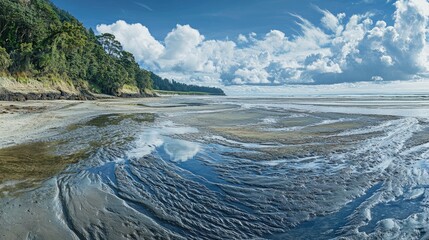 Naklejka premium Tidal landscape of eroded shoreline showcasing mud and soil with reflections under a dramatic sky and lush woodland backdrop