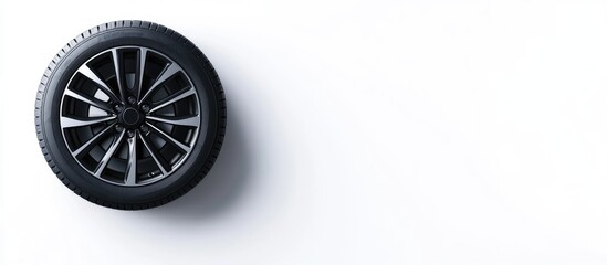 Top View of a Black Alloy Wheel with Summer Tire Isolated on White Background Featuring All-Season Tire and Empty Space for Custom Text