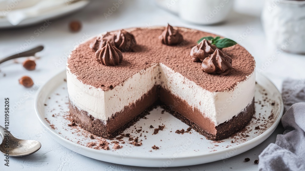 Poster truffle cake with chestnut mousse on a white plate topped with chocolate swirls and selective focus 