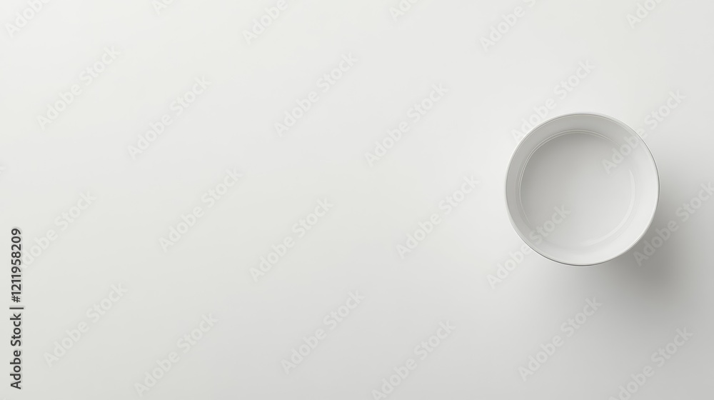 Poster minimalist top view of a sleek white countertop with a round white bowl against a soft light beige b