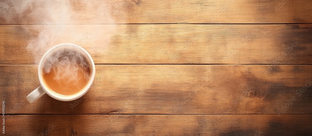 Poster aromatic steaming coffee cup on rustic wooden table with warm brown tones and ample negative space f