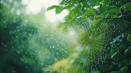 Dew-covered spider web glistening in early morning light with lush green forest backdrop in close-up view