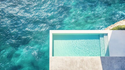 Luxury white concrete terrace pool overlooking vibrant turquoise ocean waves, set against a clear sky, modern coastal design aesthetic.