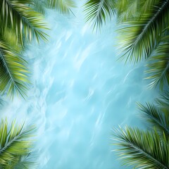 Fototapeta premium lightblue water background and green palmtree leaves on the sides