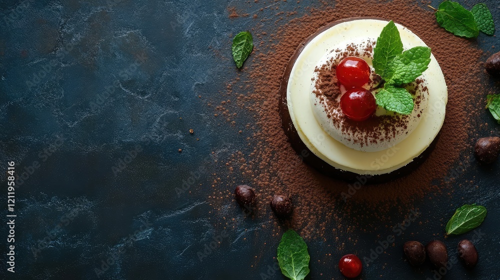 Poster elegant top view of a creamy dessert garnished with cherries and mint on dark slate background featu