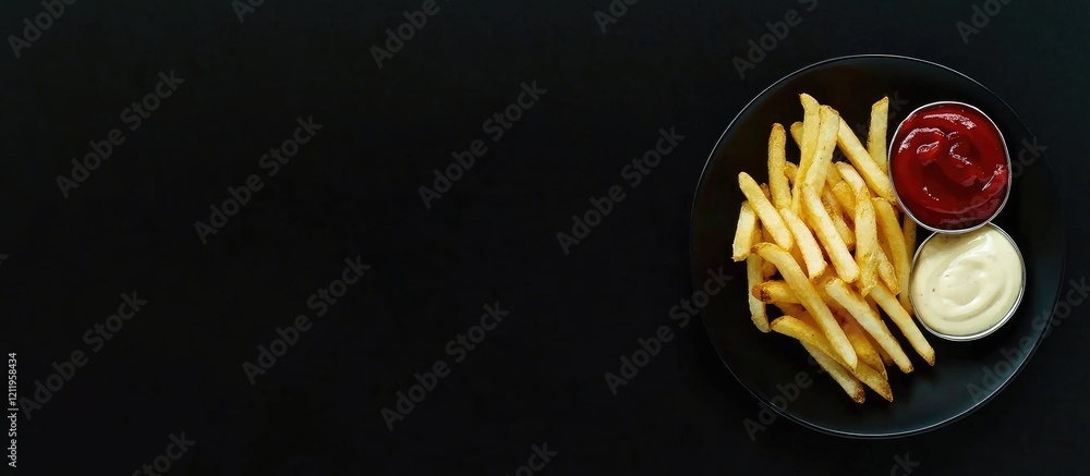 Aufkleber top view of crispy golden french fries on a sleek black plate accompanied by vibrant red ketchup and
