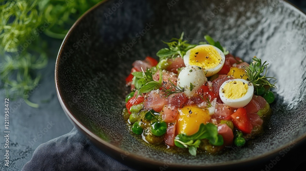 Aufkleber vibrant tuna salad with vegetables and soft boiled eggs garnished with herbs on a rustic plate