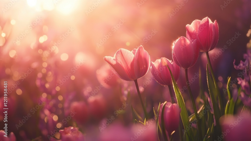 Leinwandbilder soft pink tulips illuminated by spring sunlight create a dreamy floral scene with a bokeh effect in 