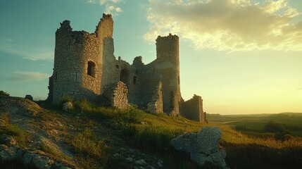 Fototapeta premium Ancient castle ruins bathed in warm sunlight showcasing timeless beauty and nature's reclamation during a serene summer day