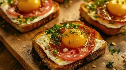 Delicious toasted sandwiches with toppings featuring egg yolk and herbs perfect for outdoor picnics and casual dining experiences